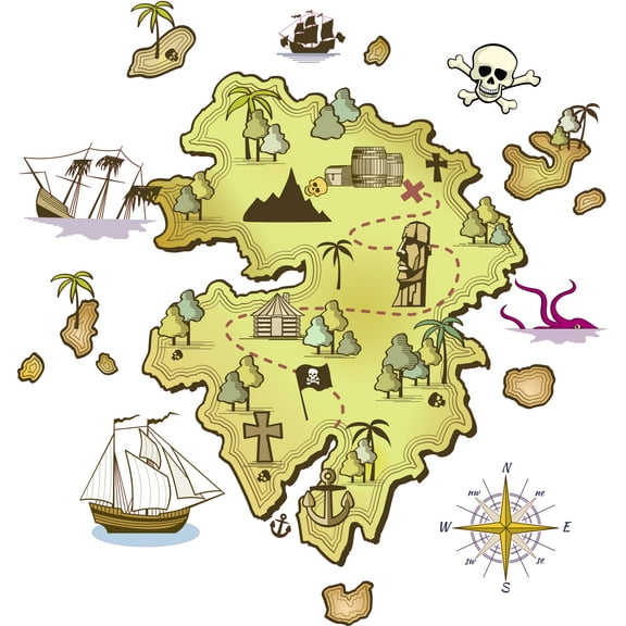 Vinyl Treasure Map Decoration Sunken Pirate Ship Kraken Large Octopus Islands Compass Chart Design Home Bedroom Wall Decal - 25" x 25" Kids Bedroom Playroom Multicolored Decor Art Wall Sticker