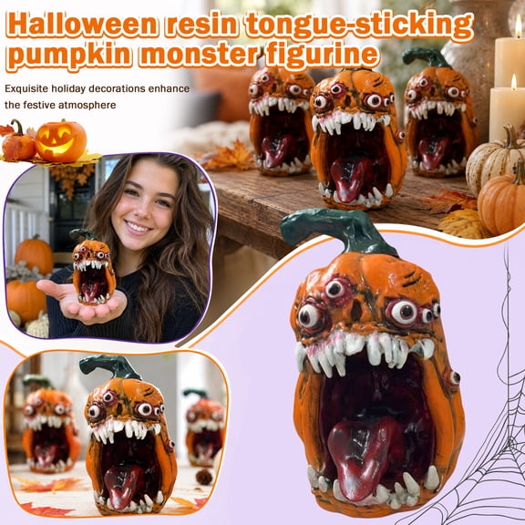 Halloween Spooky Resin Tongue-Sticking Pumpkin Monster Figurine Multi-Eyed Horror Jack-O-Lantern Statue for Haunted House Party Desktop Decor Prop