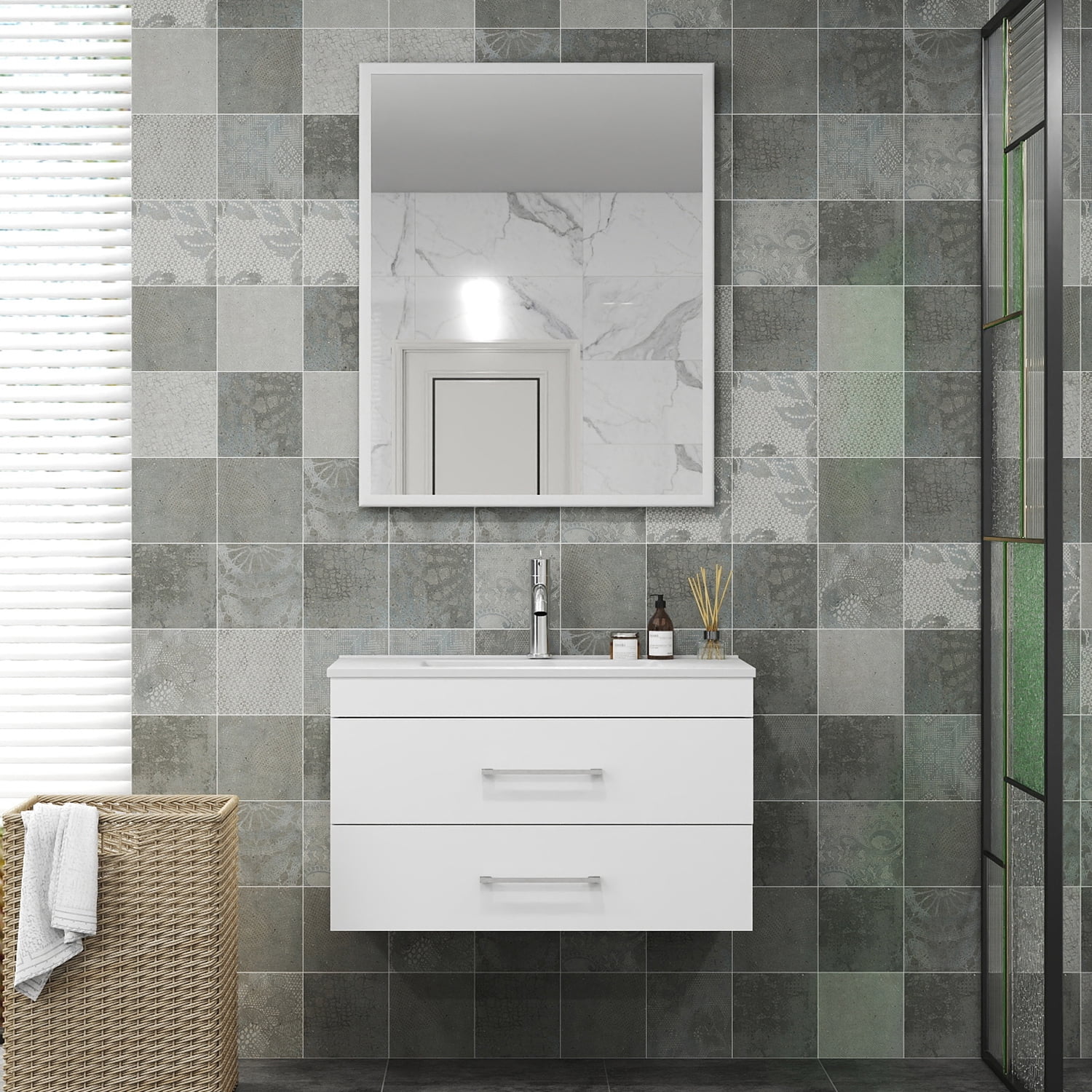 Demi Bonn 32" Wall-Mounted Bathroom Vanity with Ceramic Sink, 2 Soft-Close Drawers and Aluminum Frame Mirror, Faucets and Drains Not Included, White