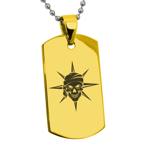 Stainless Steel Pirate Skull Star Compass Engraved Dog Tag Pendant Necklace