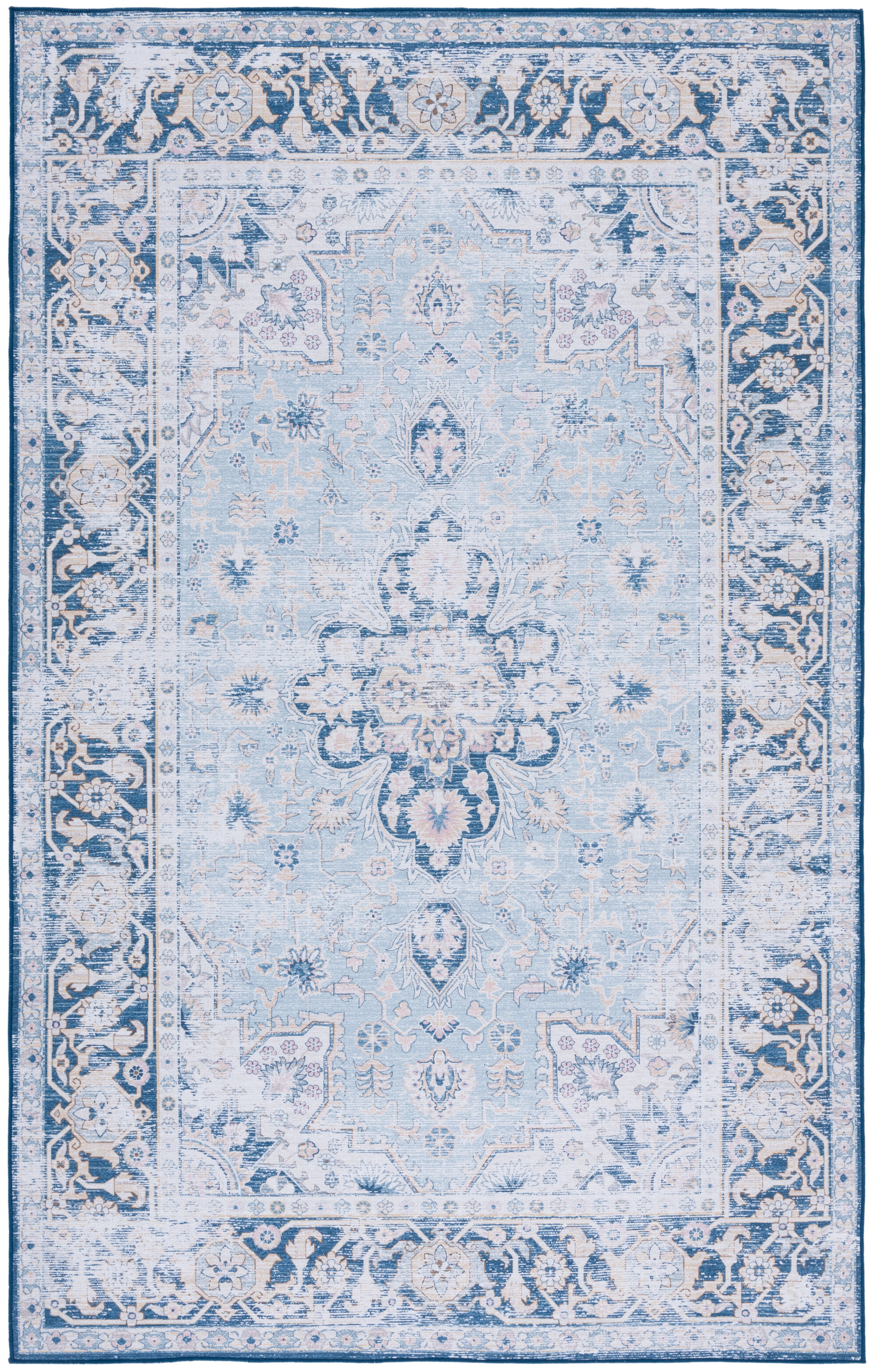 SAFAVIEH Tucson Brooke Traditional Machine Washable Area Rug, 6' x 9', Light Blue/Navy