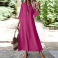 thumbnail image 3 of Aellinatey Women's linen V-neck long dress with three-quarter sleeves, solid color long slip dress, 3 of 9