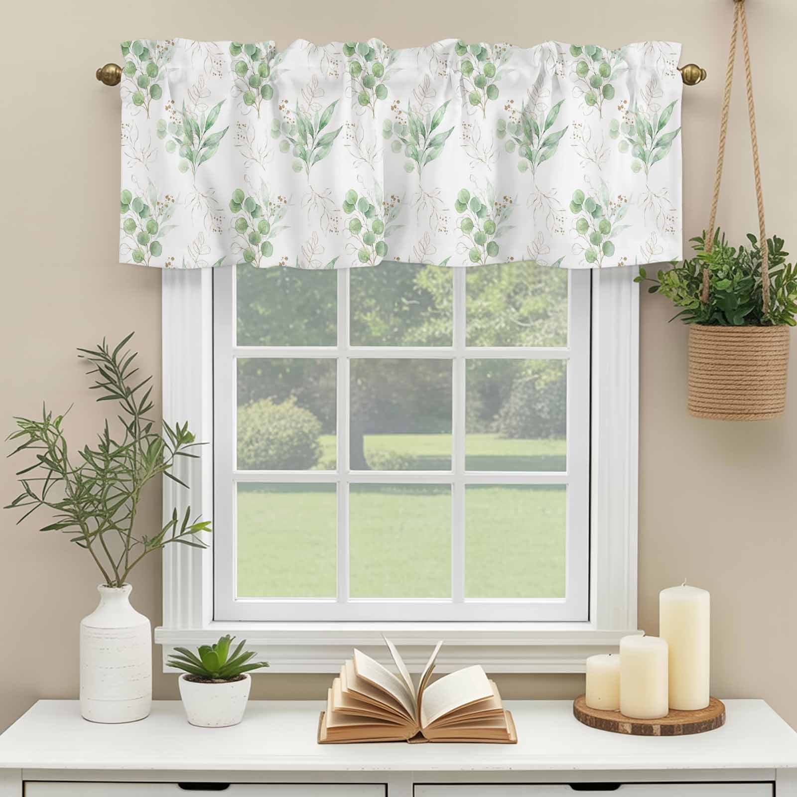 Rod Pocket Window Valances Country Leaves Green Fruits Short Kitchen Curtains Summer Botanical Herb Window Treatment Drapes for Bedroom Bathroom Living Room 54x18in