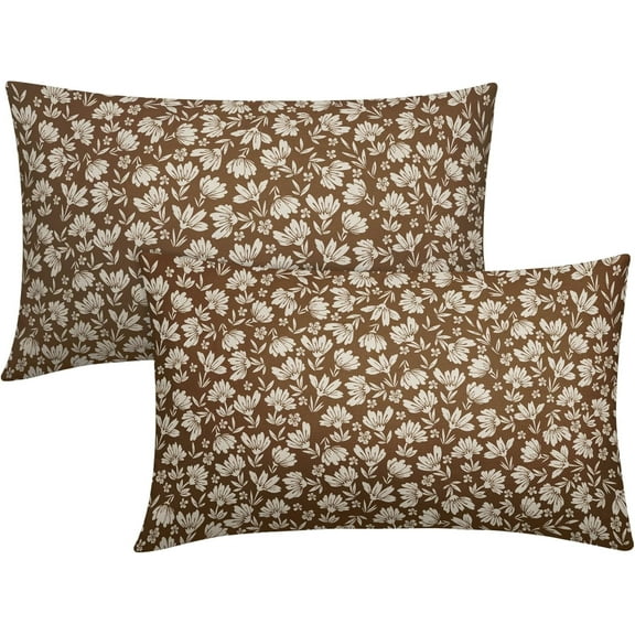 Brown Beige Daisy Floral Lumbar Pillow Covers, Vintage Flowers 12x20 Inch Set of 2, Block Print Cotton Linen Throw Pillows, Farmhouse Decor for Sofa, Couch, Porch, Bed Cushion, Outdoor