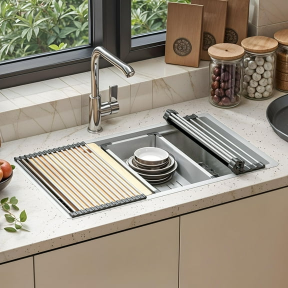 Dextrus 32" Undermount Kitchen Sink Workstation, 304 Stainless Steel, Single Bowl, Honeycomb, Silver