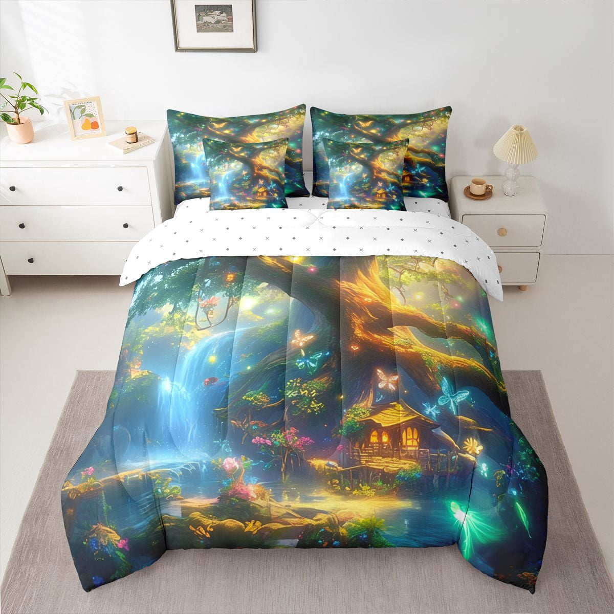 Homewish Natural Scenery 7-Piece Twin Bedding Sets,Neon Dreamy Butterfly Bedding Comforter Set,Blue Green Gold Sheet Sets For Girls Kids,Luxury Bedroom Decor Reversible