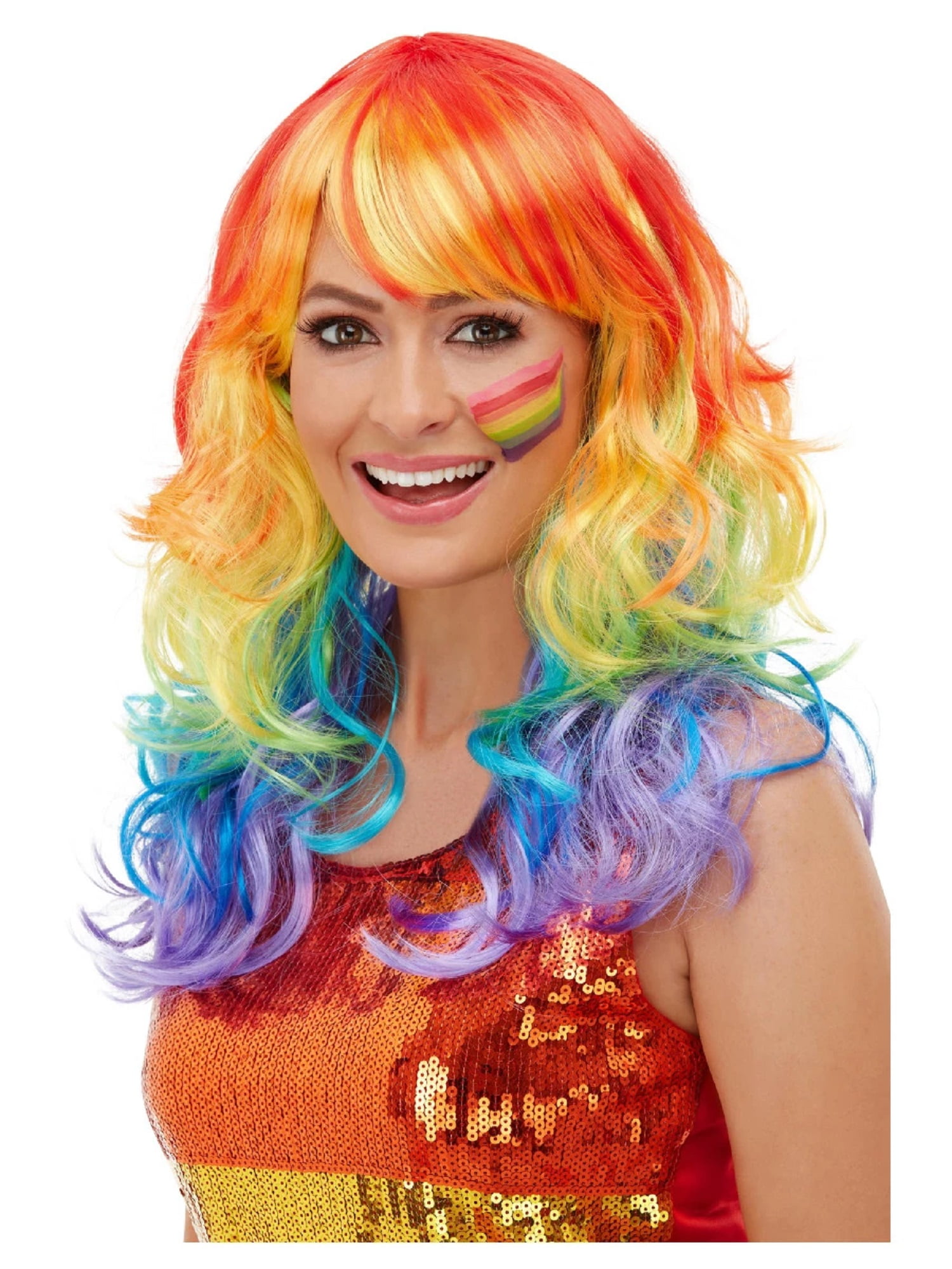 Multi-Coloured Smiffys Rainbow Rocker Wig Long with Fringe