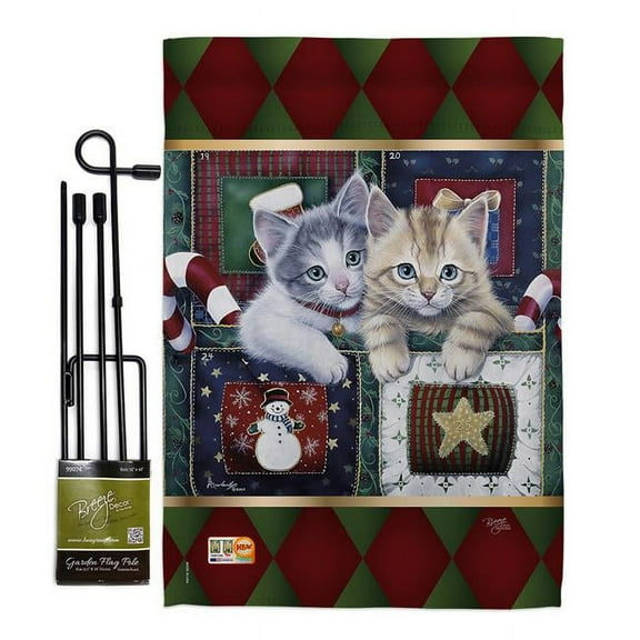 Breeze Decor BD-XM-GS-114097-IP-BO-D-US12-AL 13 x 18.5 in. Christmas Calendar Kittens Winter Impressions Decorative Vertical Double Sided Garden Flag Set with Banner Pole