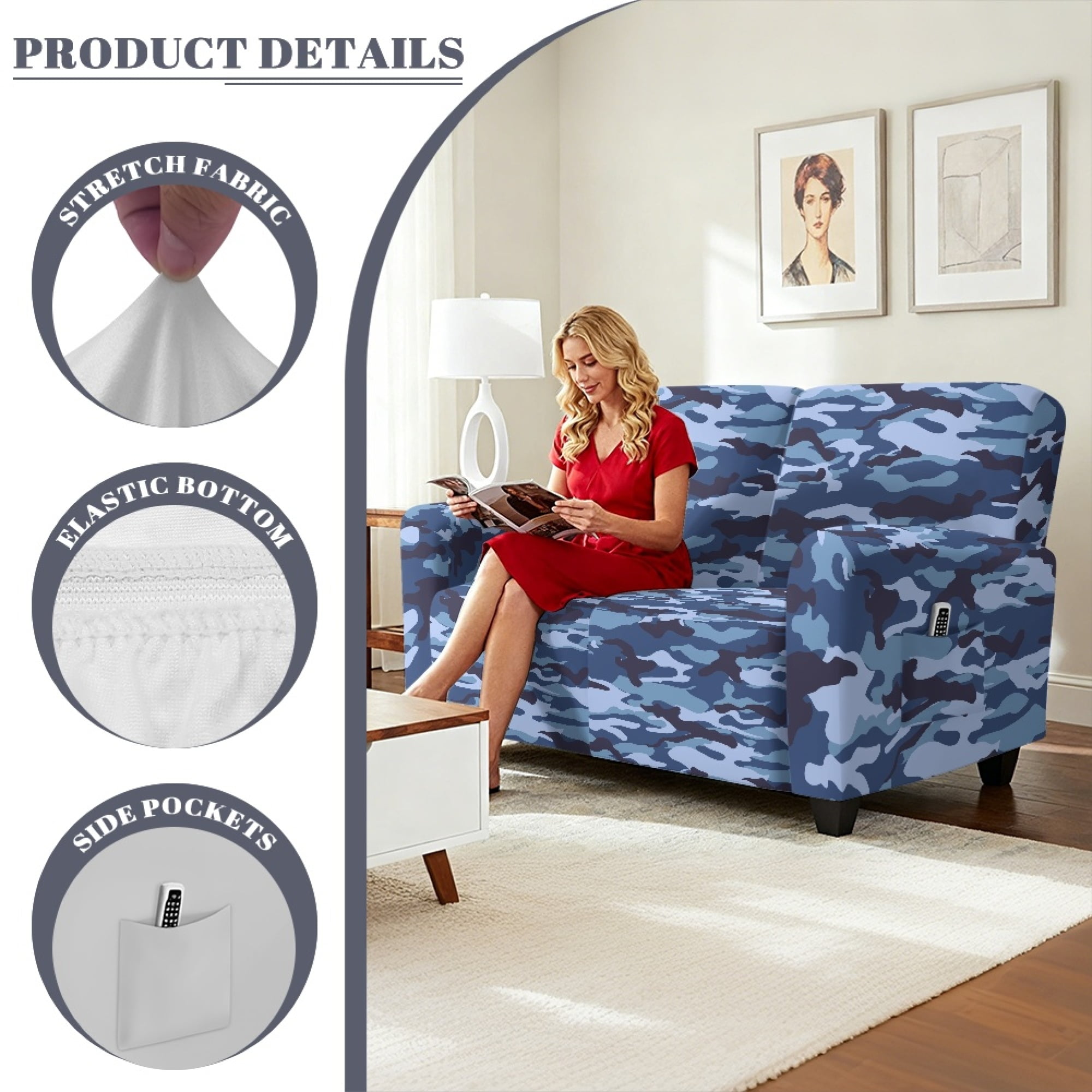 TSOVTHRID Blue Camouflage Pattern Loveseat Covers Stretch Love Seat Sofa Covers Washable Reclining Loveseat Slipcover 2 Seat Couch Covers for Living Room Decor