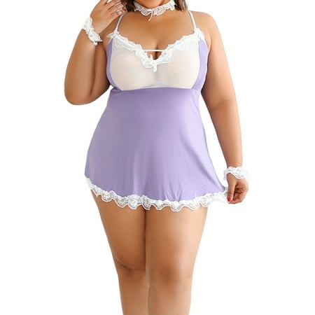 LapaPlus Women s Plus Size Lingerie Sleepwear Lace Mesh Sleepshirt  XL-5XL Purple