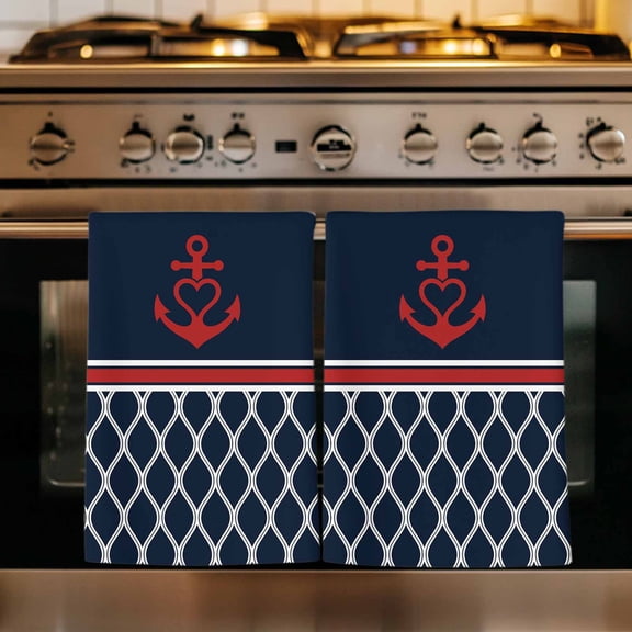 Navy Blue Morocco Kitchen Towels Set of 3, Red Ocean Nautical Anchor Stripe Absorbent Dish Towels for Kitchen, Microfiber Hand Towel, Quick Drying Tea Towel for Cleaning Decorative Dishcloths