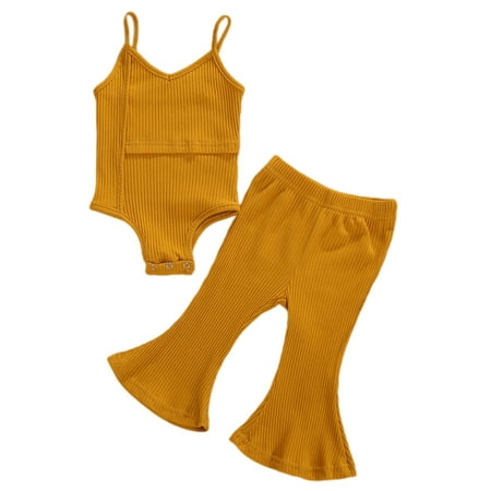 

Canrulo 2PCS Infant Baby Girls V-Neck Solid Color Sleeveless Jumpsuit Bell-Bottom Suit Yellow 2-3 Years