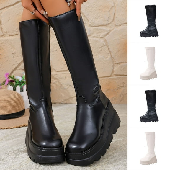 SKIYLEVZ Knee-High Boots for Women Leather Boots Timeless Boho Chic Casual Style Perfect for Night Out and Parties Block Heel Stretch Figure Flattering Round Toe Side Zip