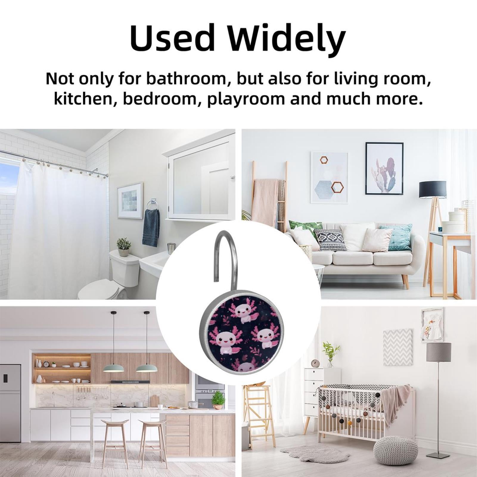 12pcs Decorative Shower Curtain Hooks, Rust Resistant Shower Rings for Bathroom Living Room,Rustproof Stainless Steel Rings for Shower Curtain and Liner Rods,Axolotl Black