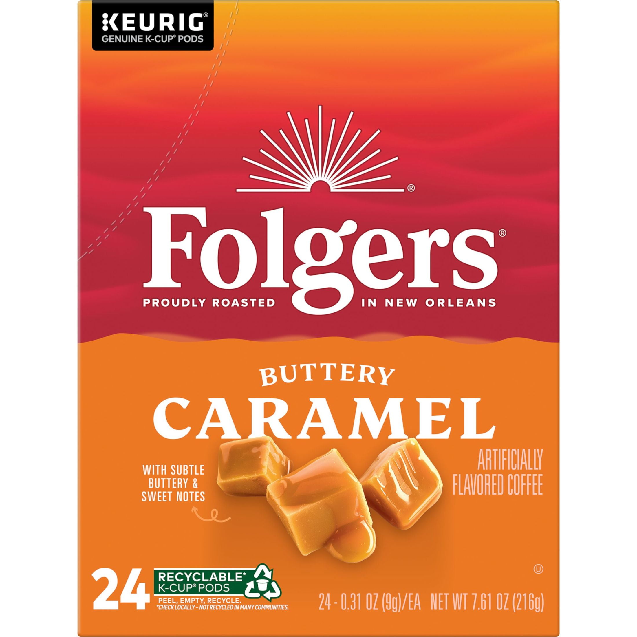 (4 pack) Folgers Buttery Caramel Artificially Flavored Coffee, Keurig K Cup Pods, 24 Count Box