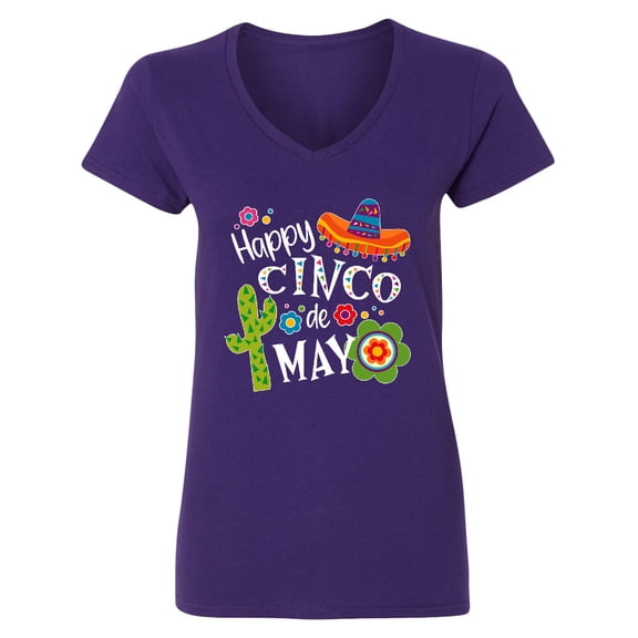 Inktastic Happy Cinco De Mayo Sombrero, Cactus, Flowers Women's V-Neck T-Shirt