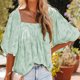 thumbnail image 1 of Blusa De Manga Corta Camisa fluida para mujer Camiseta informal con cuello cuadrado que combina con todo Textura floral (Verde XL) Cgtredaw Para estrenar, 1 of 1
