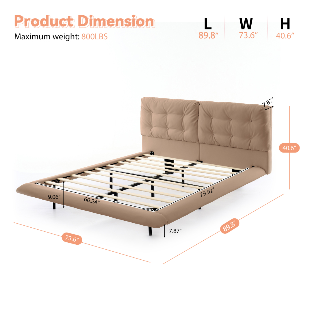 Queen Size Floating Bed Frame with LED Lights, Upholstered Platform Bed with Button Tufted Headboard, No Box Spring Needed, Easy Assembly, Khaki