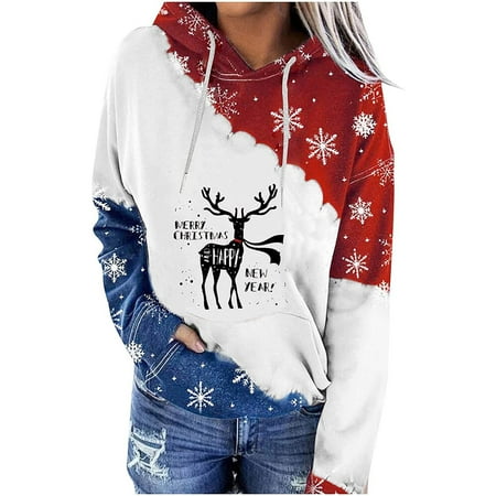

Ugly Hoodies Women Trendy Color Block Long Sleeve Reindeer Print Hooded Pullover Tunic Pocket Coats