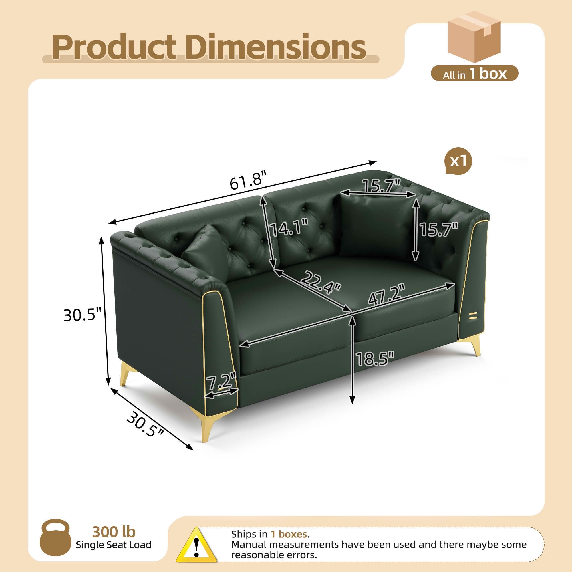 MAYEERTY 61.8" Light Luxury Modular Chesterfield 2‑Seater Sofa, Faux‑Leather Loveseat with Button Tufting, Metal‑Trim Armrest & Thin Metal Legs, 2 Pillows Included