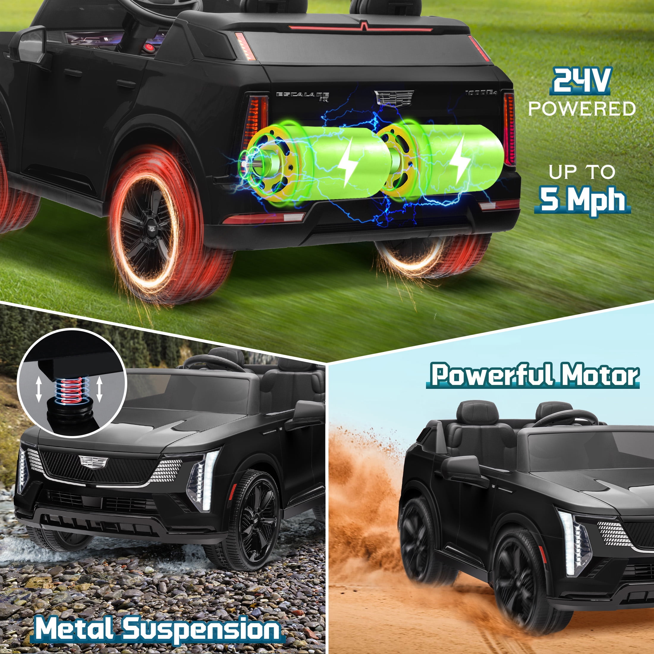 24V 2 Seater Ride on Cars, Licensed Cadillac Escalade IQ Powered Ride on Toys Truck with Remote Control, 4 Wheels Spring Suspension, LED Light, Electric Cars for Kids Ages 3-8 Gifts, Black