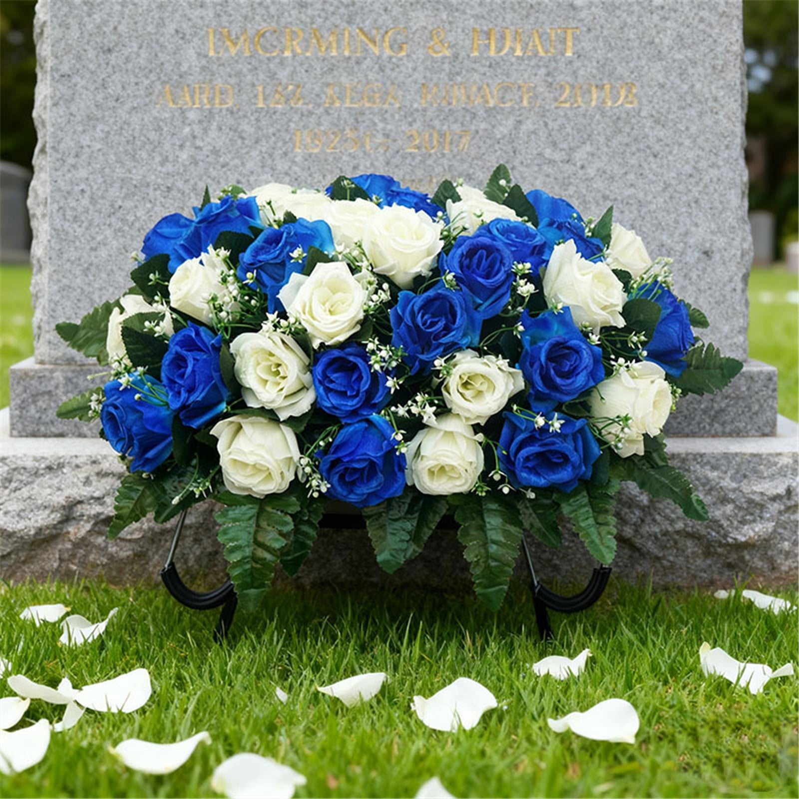 Artificial Cemetery Saddle Flowers, Lifelike Rose Headstone Saddle with Secure Hooks, Weatherproof UV Resistant Grave Decorations, Memorial Floral Arrangement for Cemetery Headstones