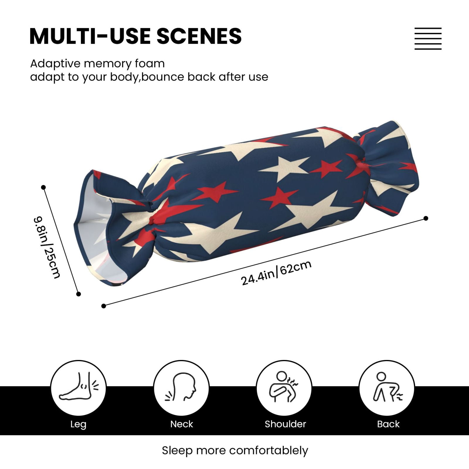 Candy Throw Pillow Travel Cervical Pillow Cylindrical Neck Body Cushion With Insert For Bed Couch Home Decor 9.8x24.4in Independence Day Theme Star (1)