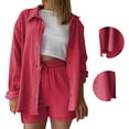 thumbnail image 7 of Roncen Women's Summer Two-Piece Set - Long Sleeve Shirt with Turn-Down Collar & High-Waisted Drawstring Shorts Casual Outfit, 7 of 7