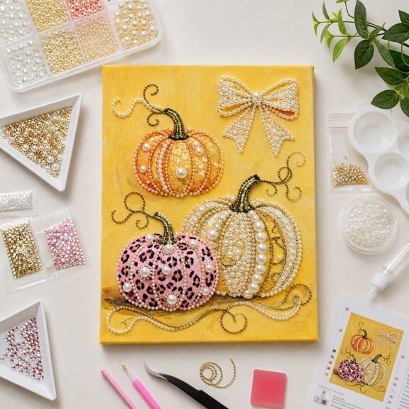 Halloween Pumpkin Pearl Art DIY Kit, Fall Diamond Painting Craft for Adults, Cute Seasonal Bead Art Home Decor Project, Creative Wall Decoration Artwork, Holiday Handmade Gift Idea