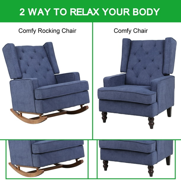Modern Upholstered Rocker Armchair Accent Rocking Chair With Rubber Wood Legs Comfy Lounge For Indoor Living Room Bedroom Navy Frabic Com Modern Upholstered Rocker Armchair, Comfy Rocking Chair For Bedroom