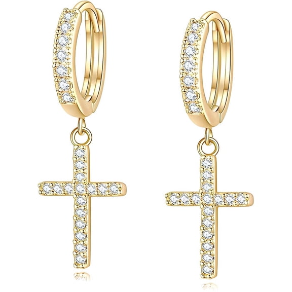 14K Gold Plated Drop Dangle Cross Hoop Earrings Trendy Gold Cross Earrings for Women Small CZ Huggie Hoops Dangling Diamond Cross Earrings for Men Hypoallergenic Lightweight