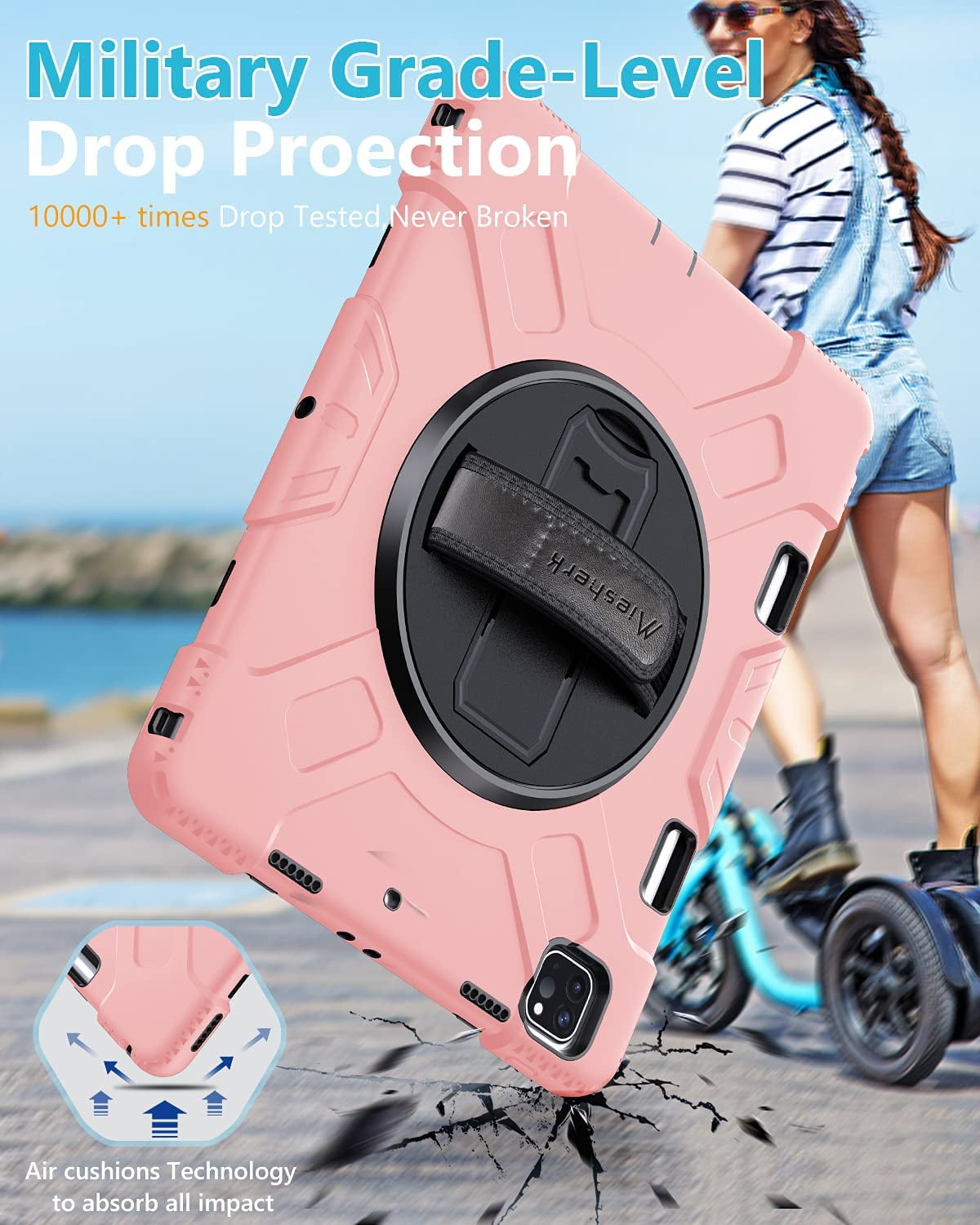 Case for iPad Pro 12.9 2021 5th Generation: Military Grade Heavy Duty Shockproof Silicone Protective Cover for iPad 12.9 Inch 2020 & 2018 w/ Pencil Holder - Stand - Handle - Shoulder Strap- Rose Gold
