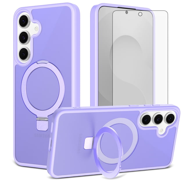 Asuwish Phone Case for Samsung Galaxy S25 FE 5G Tempered Glass Screen Protector Magnetic Folding Stand Frosted Translucent Rugged Shockproof Protective Cell Cover S 25 EF S25FE 25S Women Men Purple