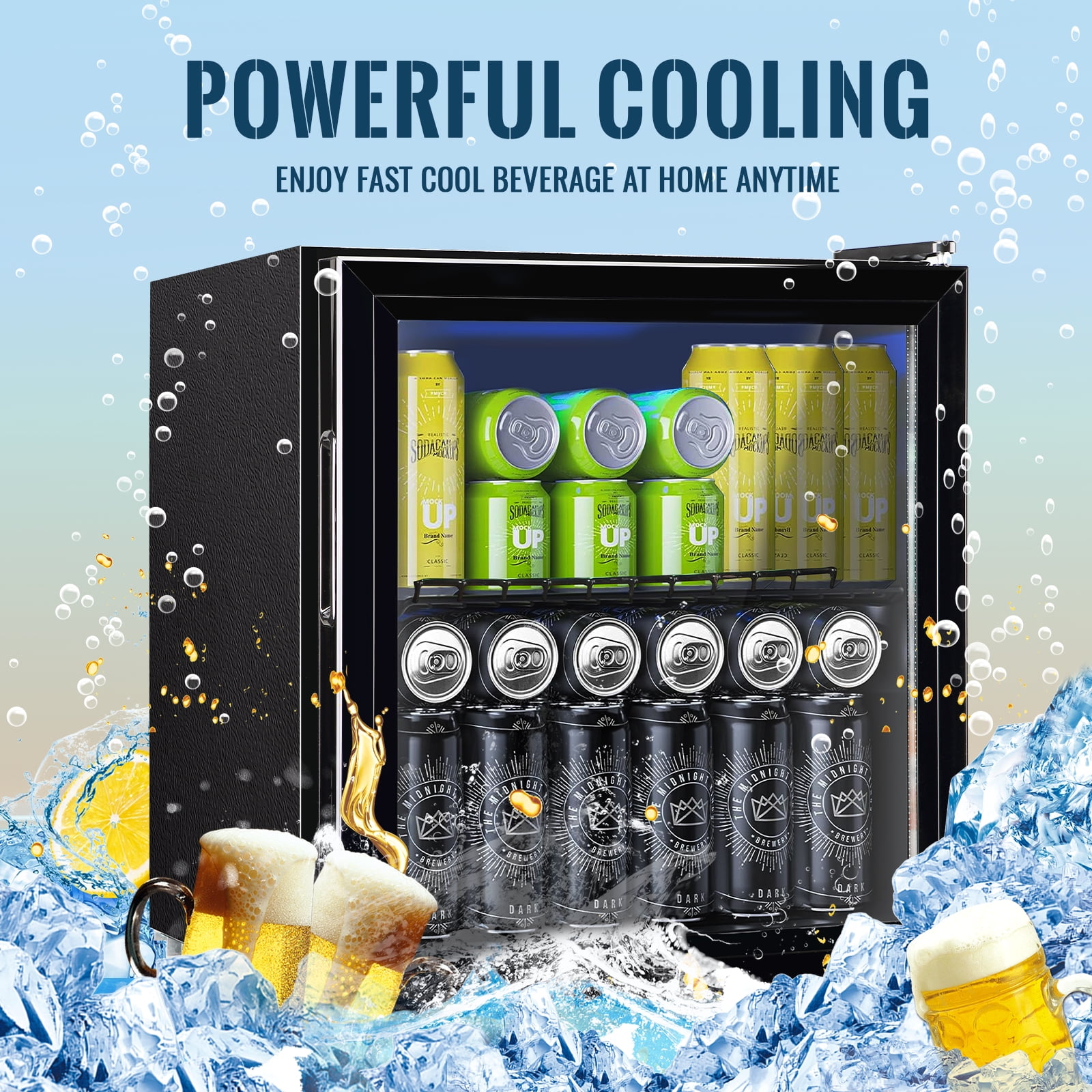 WANAI Beverage Refrigerator Cooler 1.7 Cu.ft Beer Fridge with Glass Door LED Light Adjustable Shelf