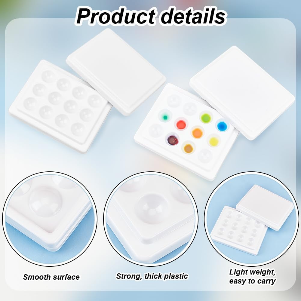 2Pcs 12-Well White Palette Plastic Imitation Porcelain Watercolor Oil Palette with Cover Mixing Tray Painting Palette with Lid for Watercolor Gouache Oil Acrylic Painting White DIY