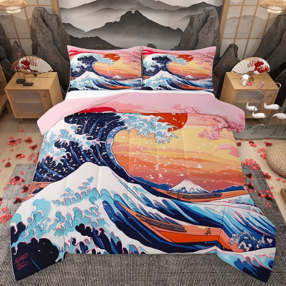 Homewish Japanese Ukiyo-E Bedding Comforter Set,Ocean Sea Wave Twin Comforter Sets,Orange Sunset Bedding Set For Girl Kids,Luxury Bedroom Decor Reversible,2 Pieces