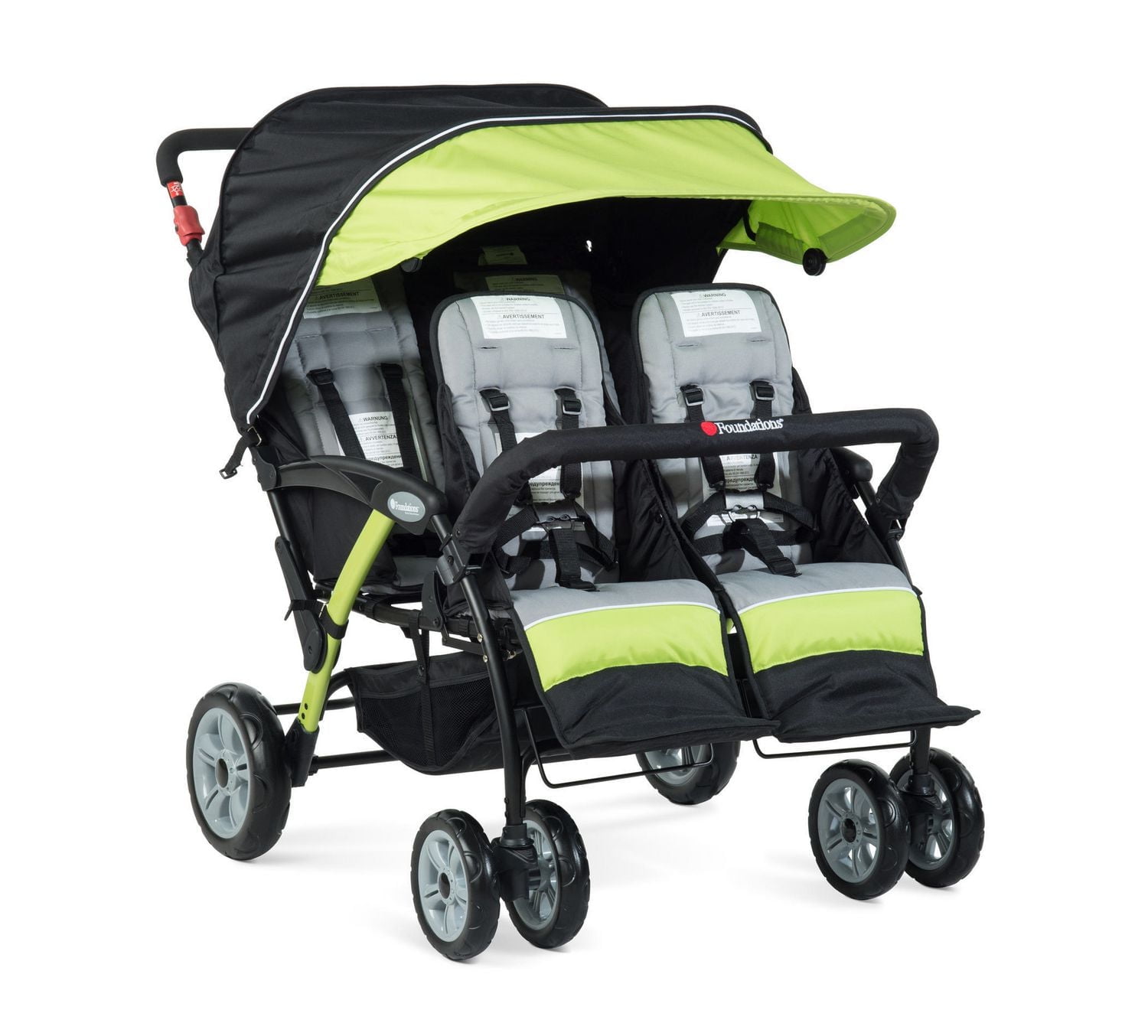 Foundations Gaggle Compass 4-Seat Quad Stroller, Reclining Seats with Canopy, Lime