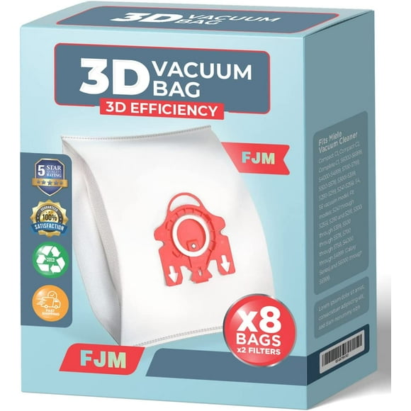 5-Star Miele FJM vacuum bags Replacement for Miele Vacuum, Vacuum Bag Type FJM, 8 Packs AirClean 3D Efficiency Dust Bag, Miele Vacuum bag Compatible with Miele Compact C2, C1, S series (8 Bags & 2 fil
