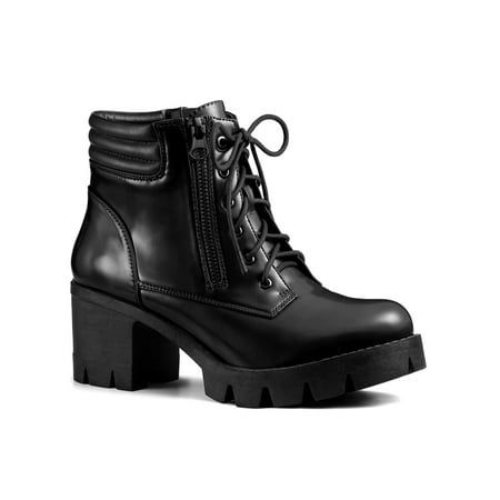 

BLISSFUL STEP Women s Rounded Toe Side Zip Combat Block Heel Ankle Boots Black 7