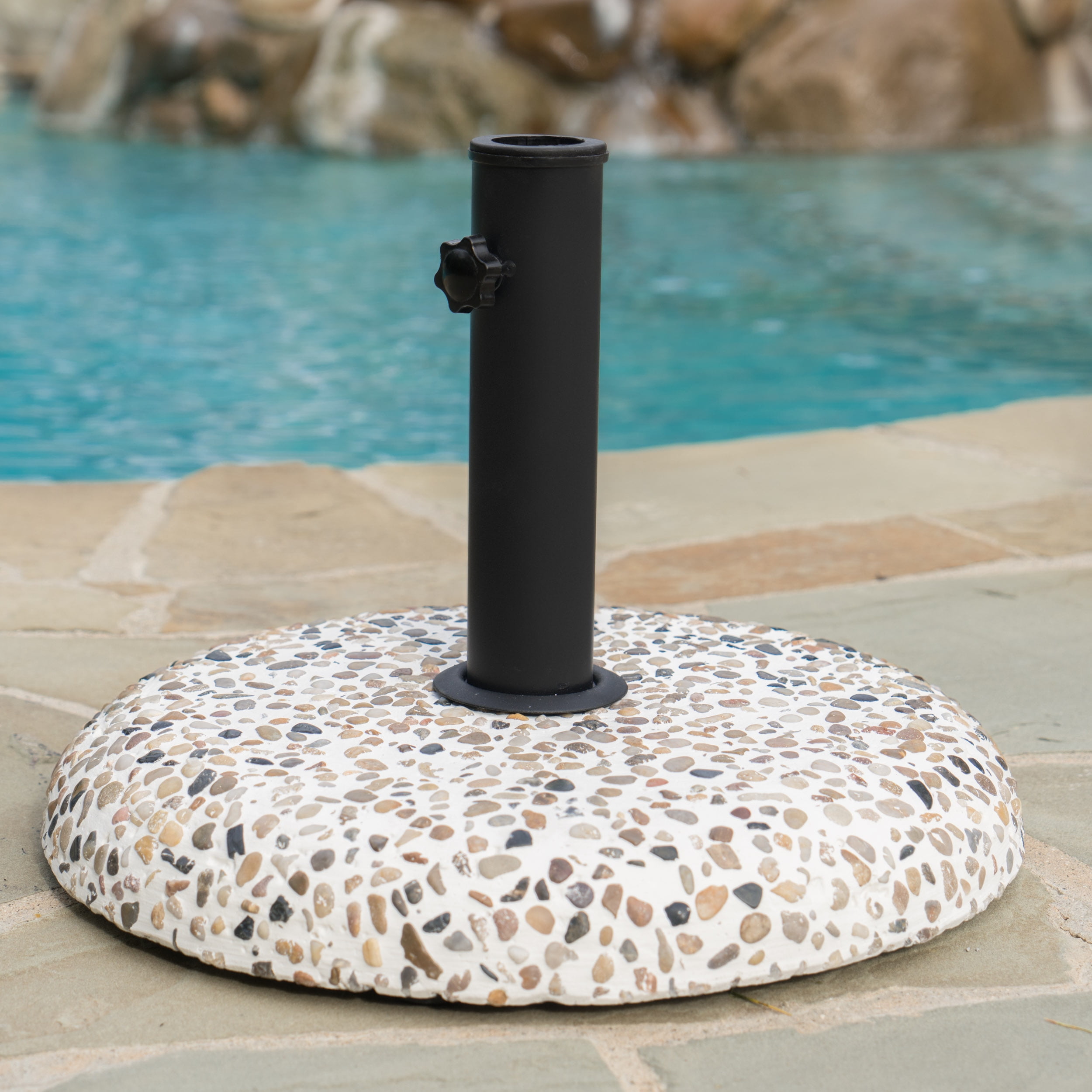 Negev Outdoor Concrete and Black Steel Umbrella Base, Colorful Stone
