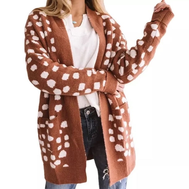 Qarigey Cárdigan de punto para mujer con bolsillos estampado de puntos Otoño Invierno cálido abrigo Casual moda ropa informal suéter tamaño Prendas para la parte del cuerpo Café Qarigey AP012980-01