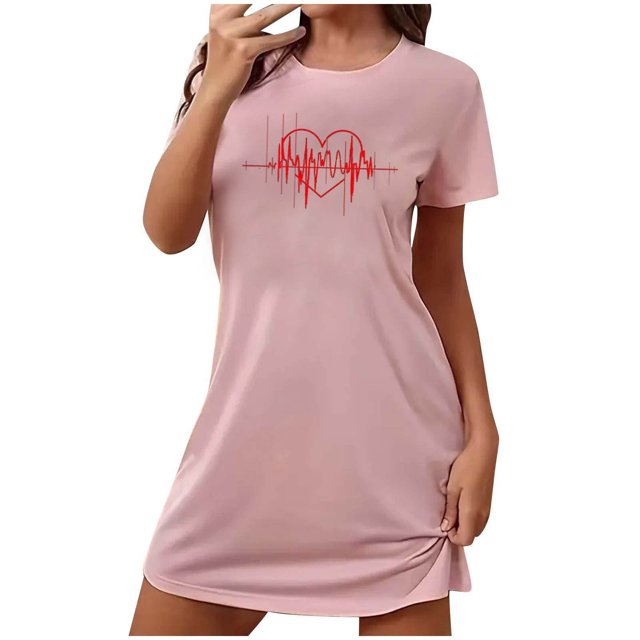 Jgppe Robe de Nuit pour Femmes Saint-Valentin Imprimée Manches Courtes Col Rond