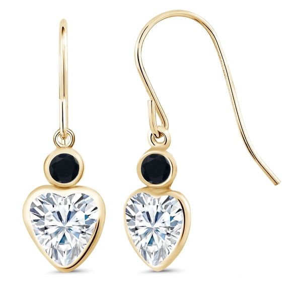 Gem Stone King 14K Yellow Gold White Moissanite and Black Onyx French Wire Dangle Hook Earrings for Women (1.80 Cttw, Gemstone Birthstone, Heart 6MM, Round 3MM)