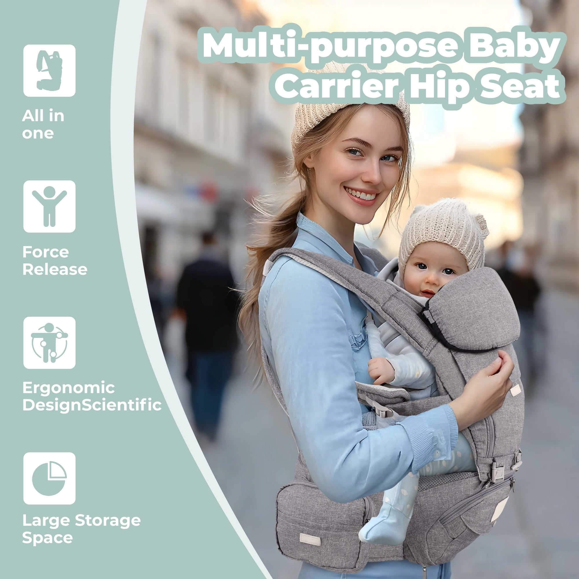 Scafild | 6-in-1 Baby Carrier with Waist Stool Hip Seat&Head Support for Breastfeeding Newborn Infant Toddler - Light Gray