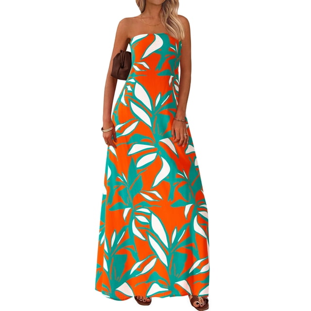 Vestido largo MASCOMODA Summer Boho Floral Tube Top Naranja Verde