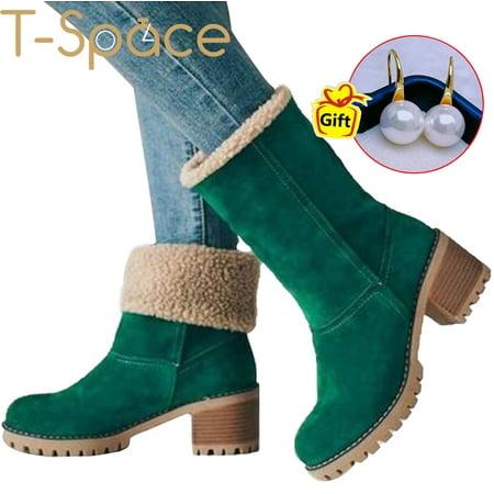 

Clearance discount!!!!T-Space Winter Boots for Women Suede Boots Faux Fur Lined Snow Boots Block Heel Booties Warm Winter Mid-Calf Ankle Boot