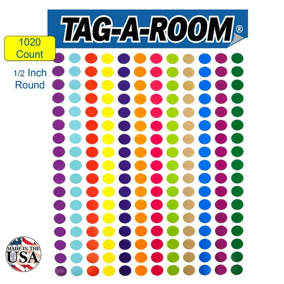 Tag-A-Room 1/2 inch Sticker Dot Labels, 12 Bright Colors, 8 1/2" x 11" Sheet (1020 Pack)