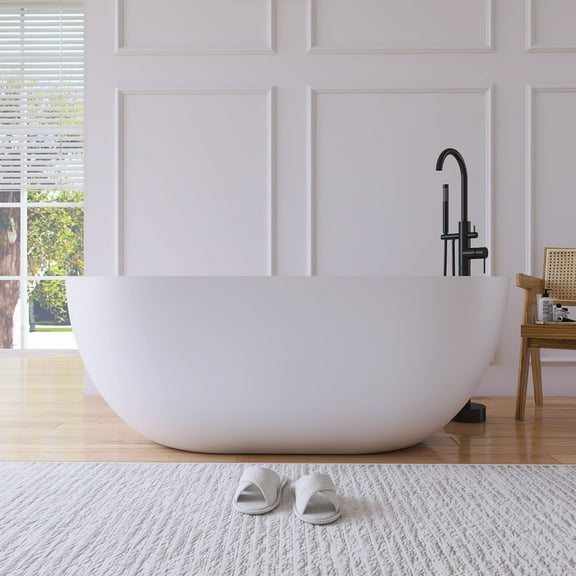 MEDUNJESS 59" Resin Stone Freestanding Bathtub, Solid Surface Soaking Tub Modern Solid Surface Soaking Stand Alone Tub with Drain, Matte White