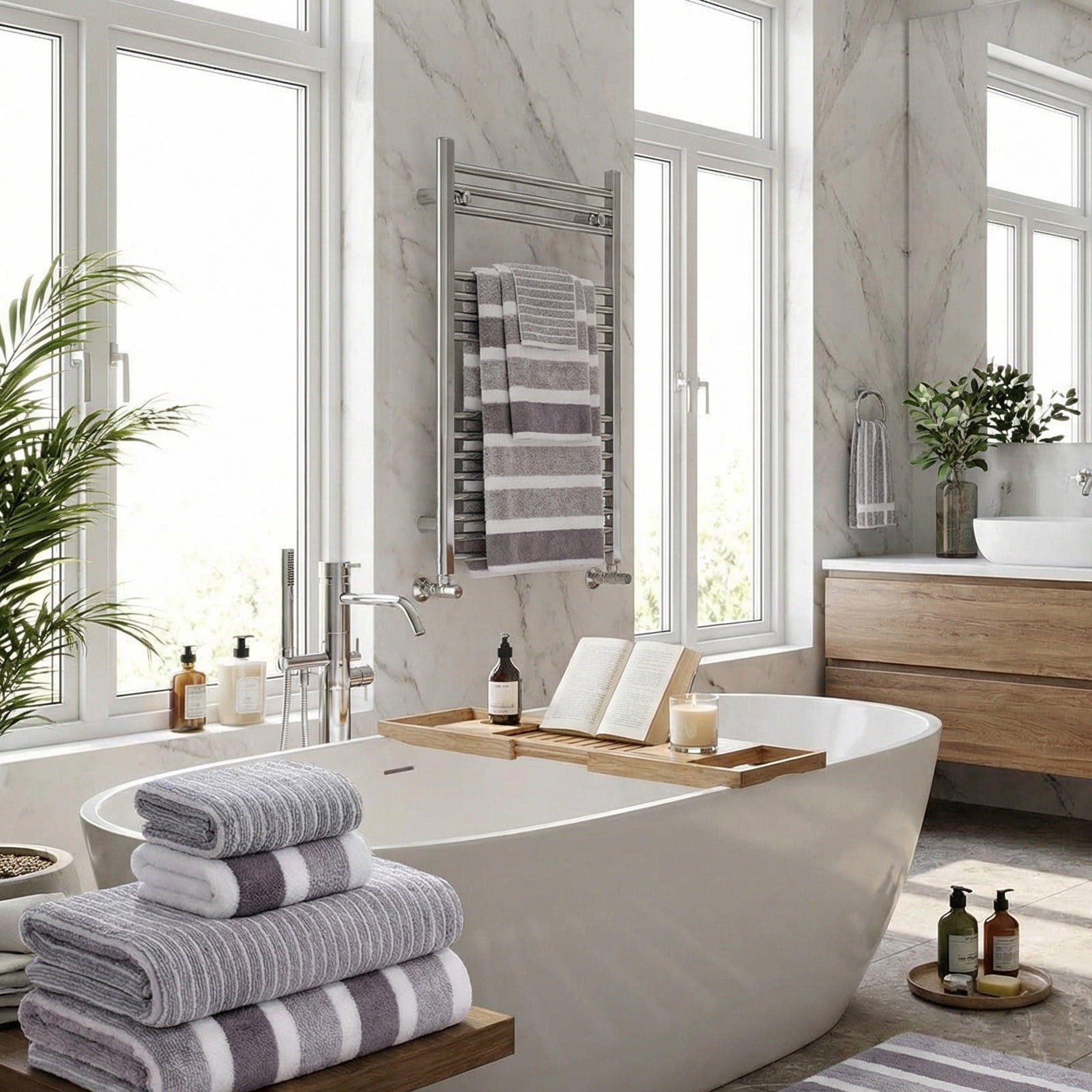 8-Piece Velvet Wide Stripe Bath Towel Set, Super Soft & Absorbent Towels, Washcloths & Bath Sheets for Spa, Home & Guest Use, Gray