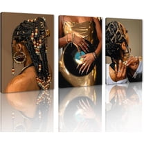 Hieng 3 Panels Abstract Black Woman Wall Art Modern American African Canvas Prints Painting for Living Room Bedroom Office - 12"x16"x3pcs